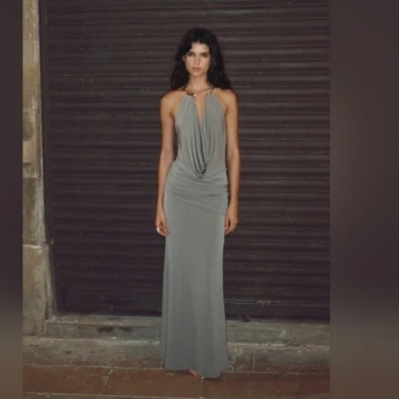 Zara LONG DRESS WITH JEWEL COLLAR Size XL - Picture 9 of 15